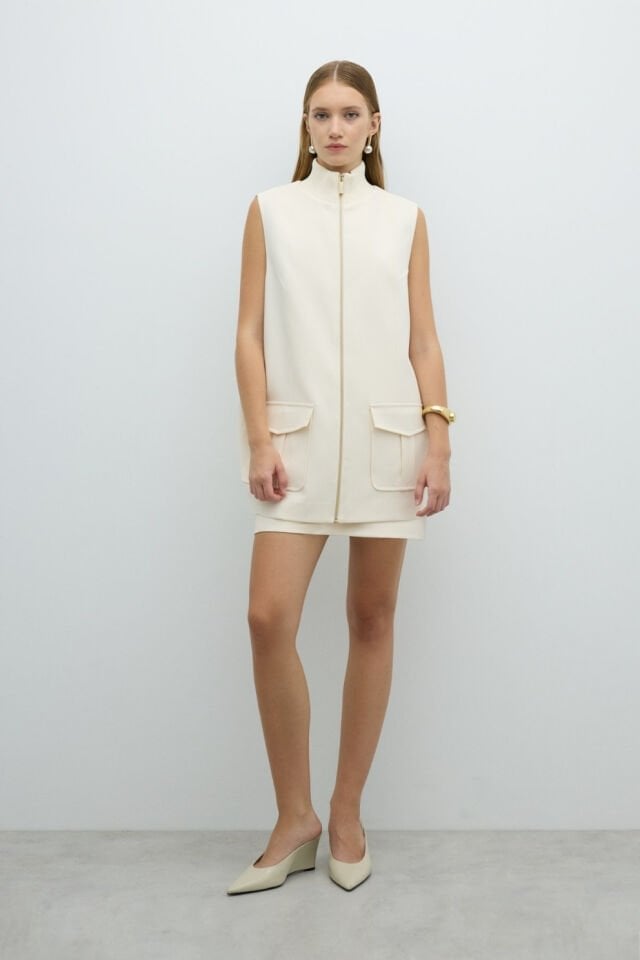 Roman Ribana Yaka Çift Cepli Yelek Ekru