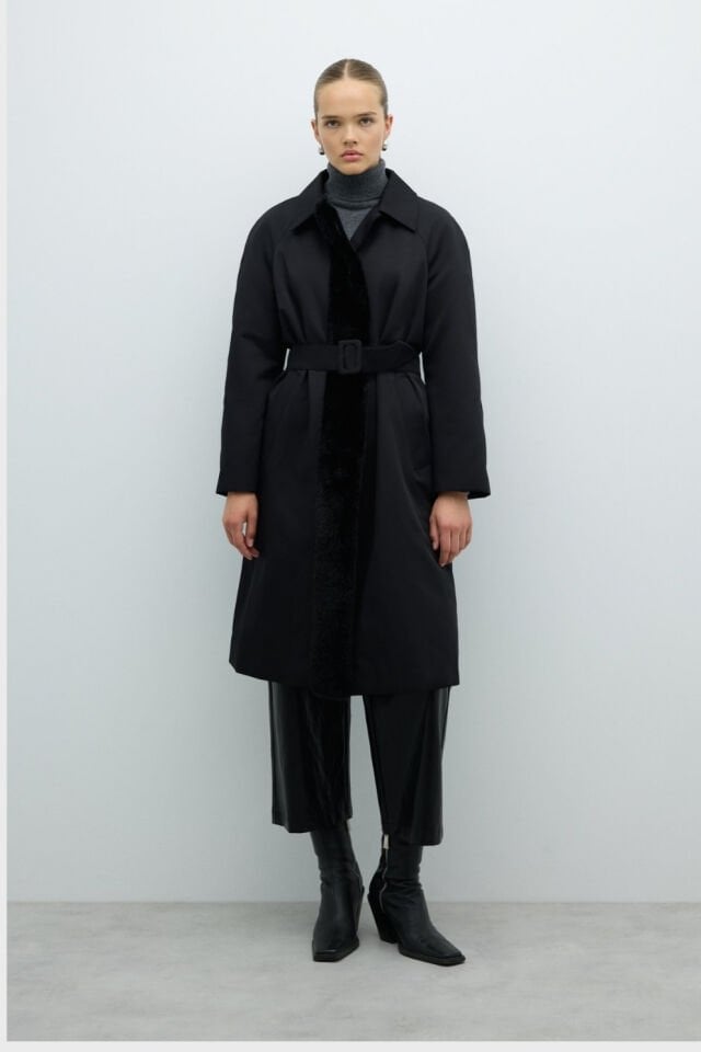 Roman Kürk Detaylı Beli Kemerli Pardesü Siyah