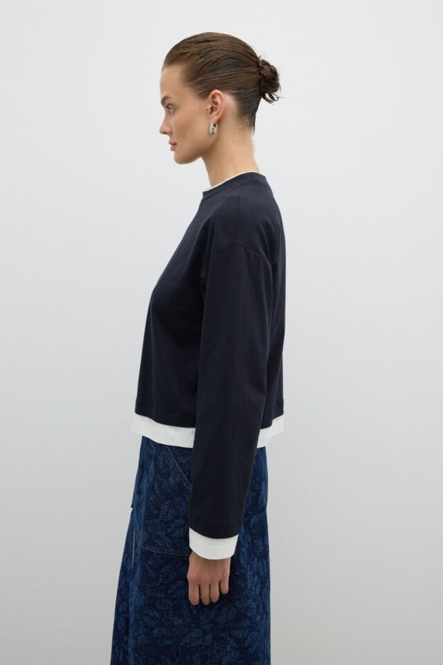 Roman Çift Renk Bisiklet Yaka Uzun Kol T-shirt Lacivert