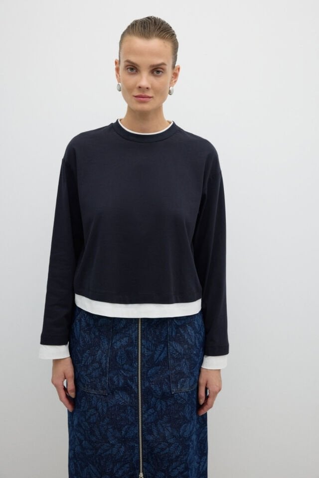 Roman Çift Renk Bisiklet Yaka Uzun Kol T-shirt Lacivert