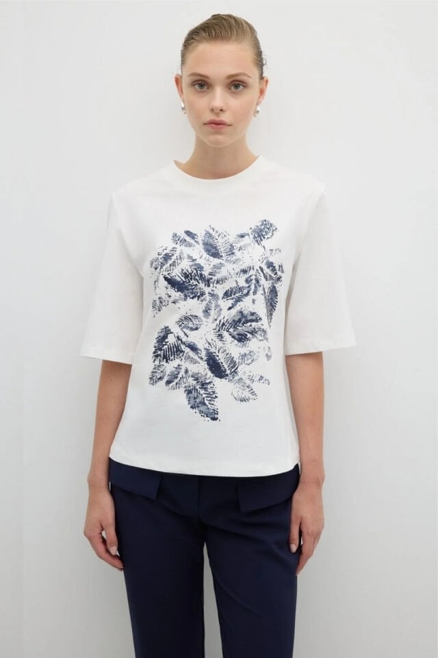 Roman Baskılı Kısa Kol T-shirt Ekru