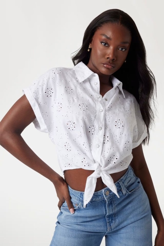 Guess Broderie Anglaise Crop Gömlek Beyaz
