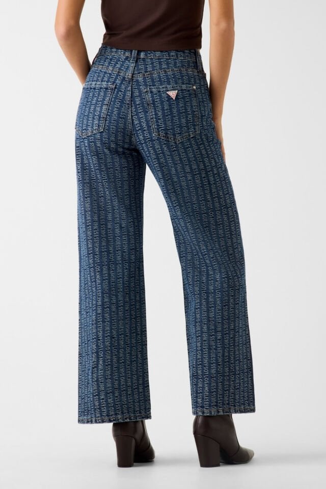 Guess Üzerinde Harf Baskılı Geniş Paçalı Kot Pantolon Mavi