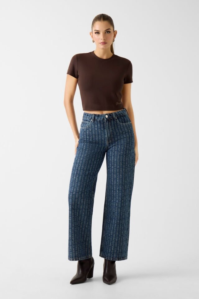 Guess Üzerinde Harf Baskılı Geniş Paçalı Kot Pantolon Mavi