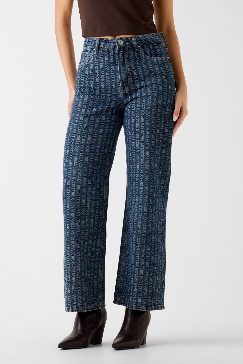 Guess Üzerinde Harf Baskılı Geniş Paçalı Kot Pantolon Mavi