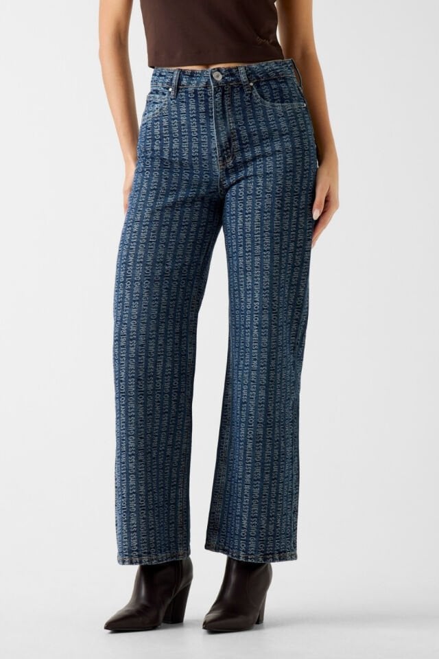 Guess Üzerinde Harf Baskılı Geniş Paçalı Kot Pantolon Mavi