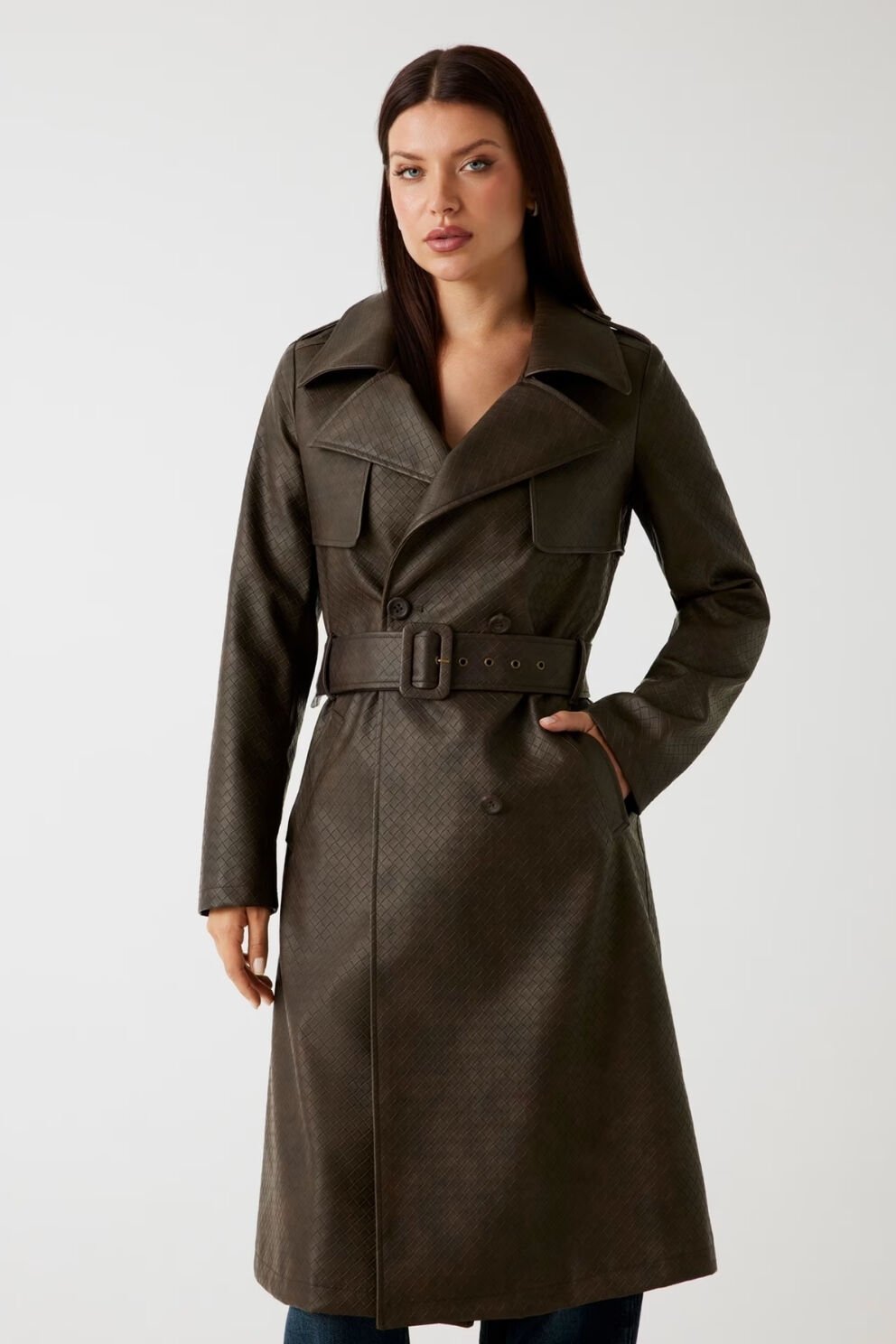 Guess Suni Deri Trençkot Kahverengi