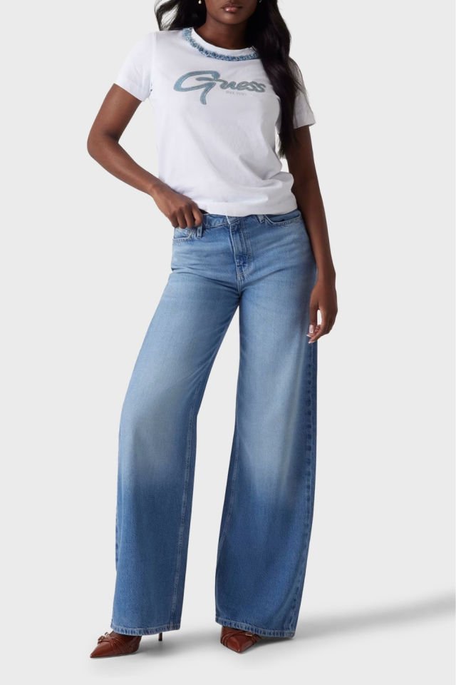 Guess Cn Ss Jeans Pamuklu Regular Fit Zincir Detaylı Bayan T Shirt Beyaz