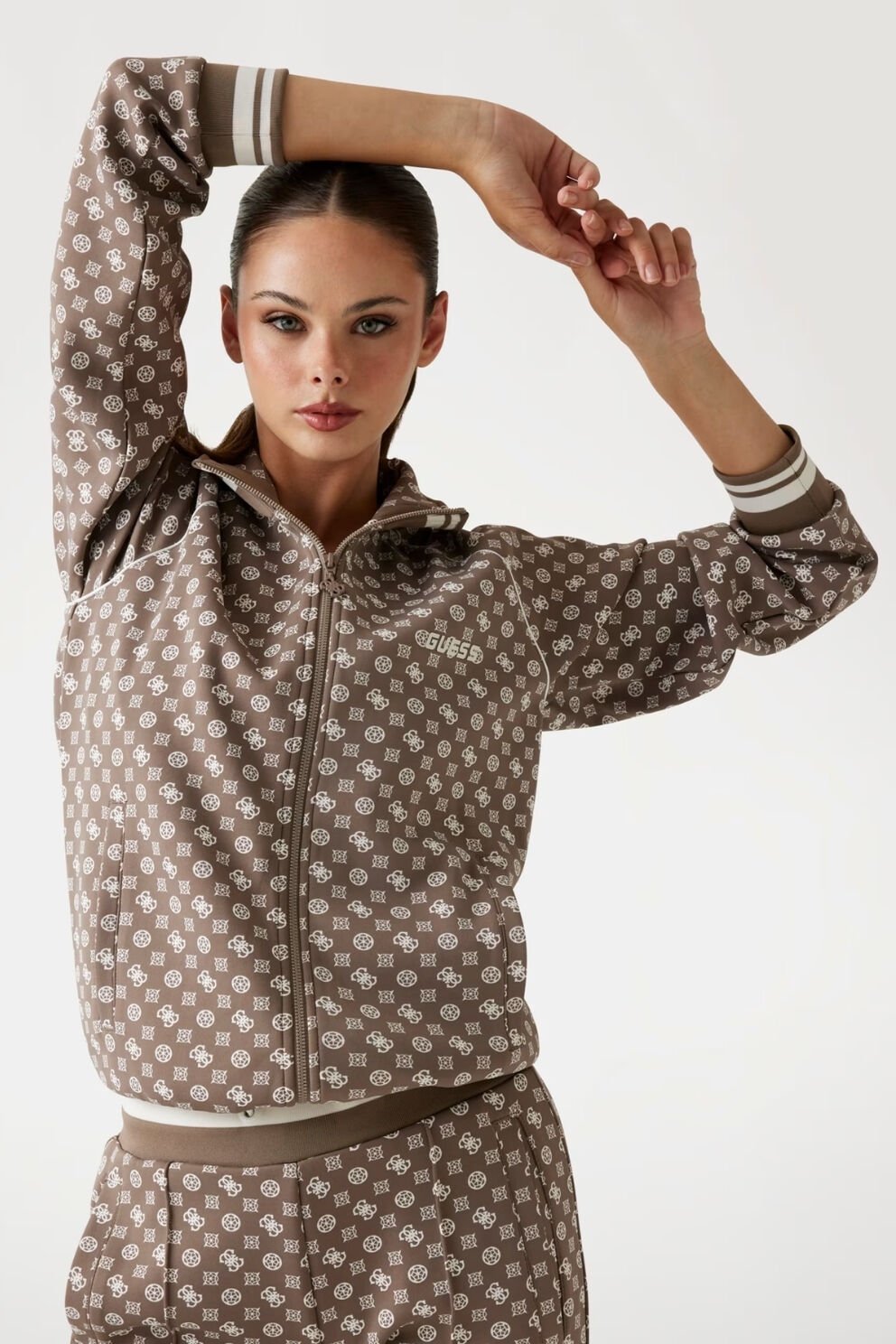 Guess Neopren Fermuarlı Sweatshirt Kahverengi