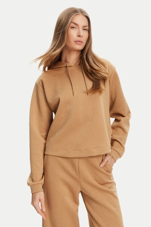 Guess Tamamı Logolu Kapüşonlu Sweatshirt Multi Bej
