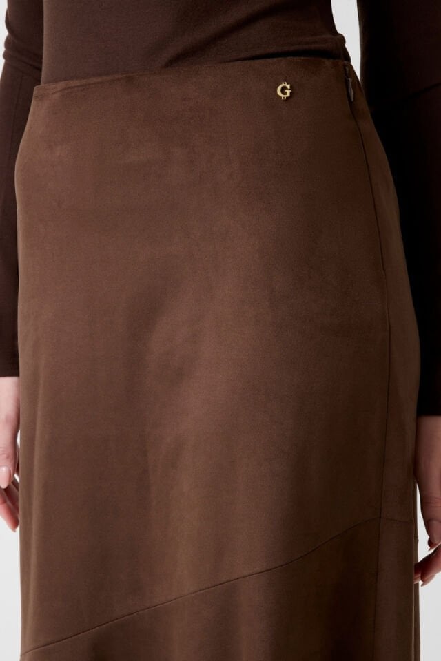Guess Koyu Kahverengi Süet Midi Etek Koyu Kahverengi