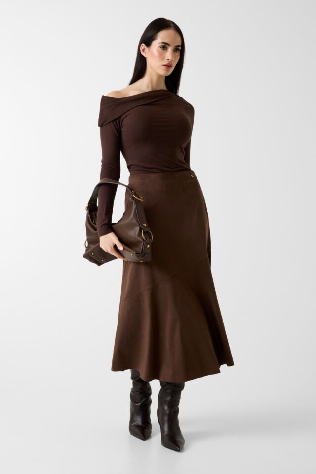 Guess Koyu Kahverengi Süet Midi Etek Koyu Kahverengi