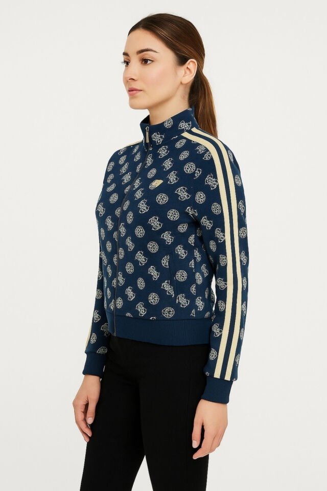 Guess Tamamı Logolu Fermuarlı Sweatshirt  Lacivert