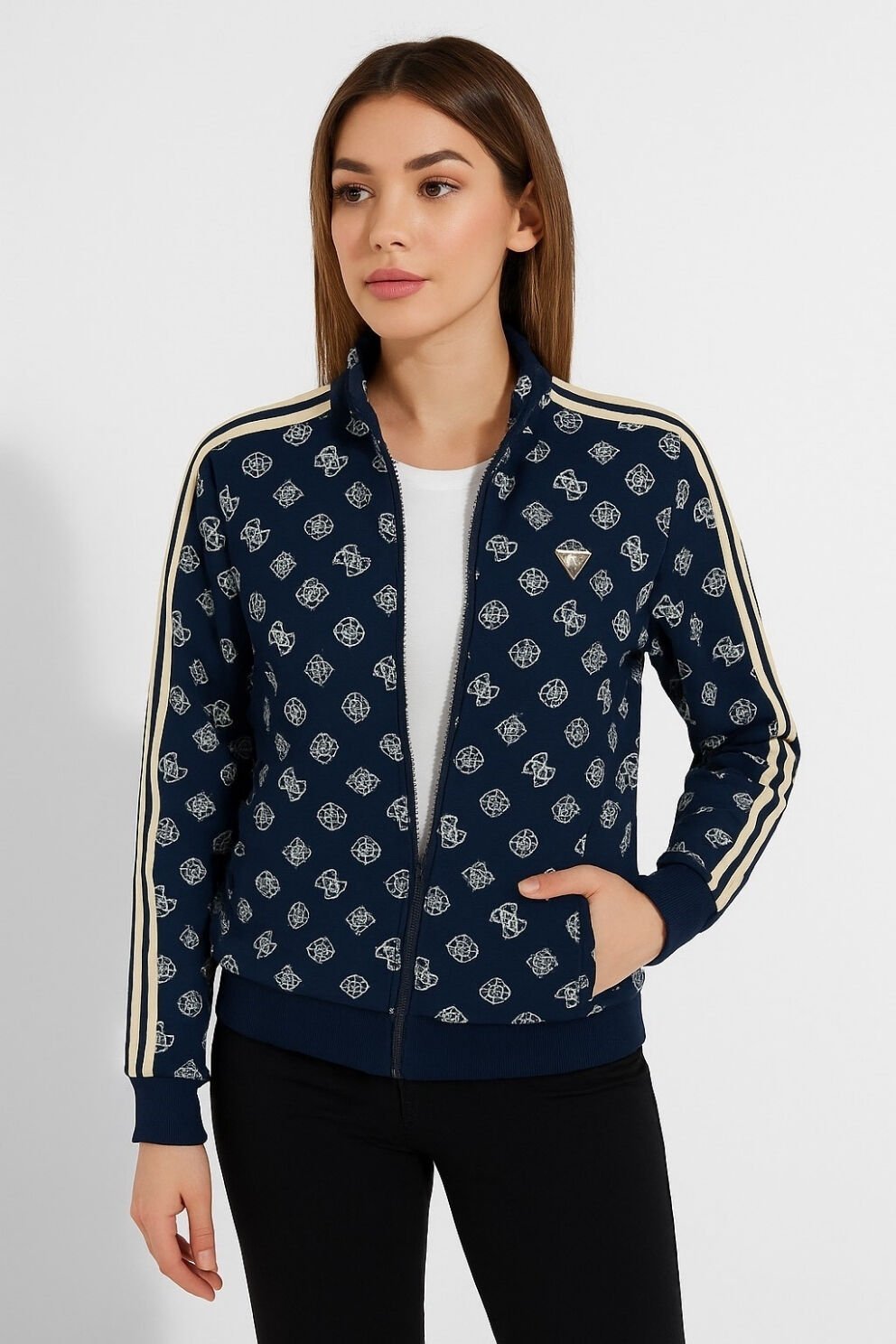 Guess Tamamı Logolu Fermuarlı Sweatshirt  Lacivert