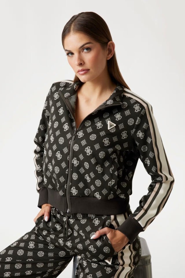 Guess Tamamı Logolu Fermuarlı Sweatshirt  Siyah