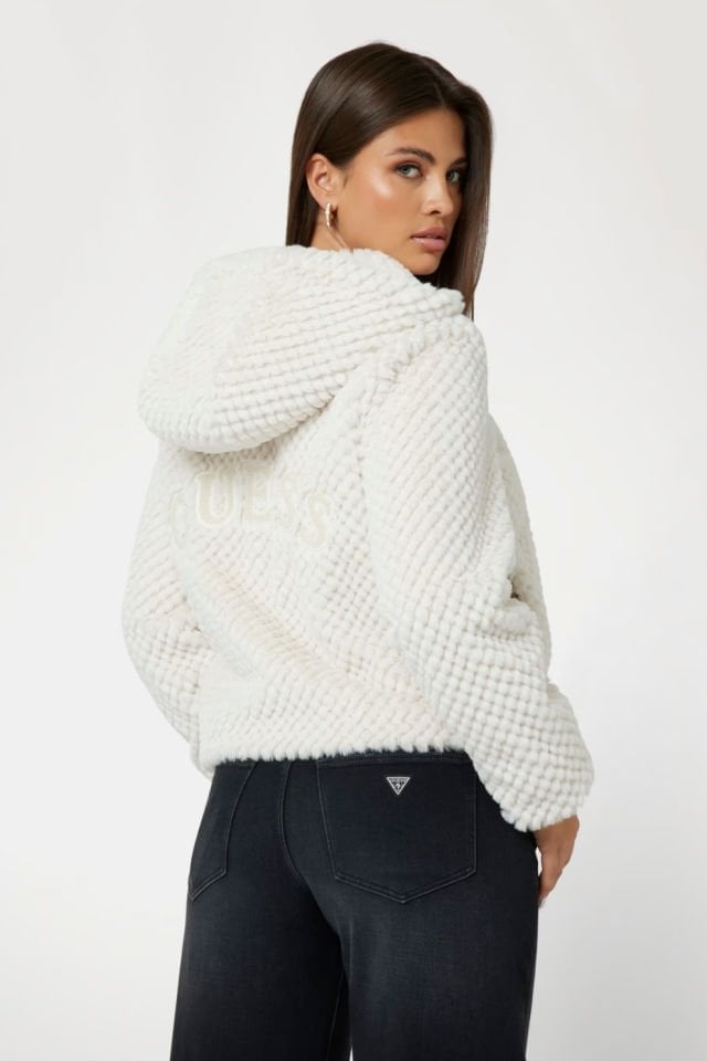 Guess Yapay Kürk Kapüşonlu Ceket Beyaz