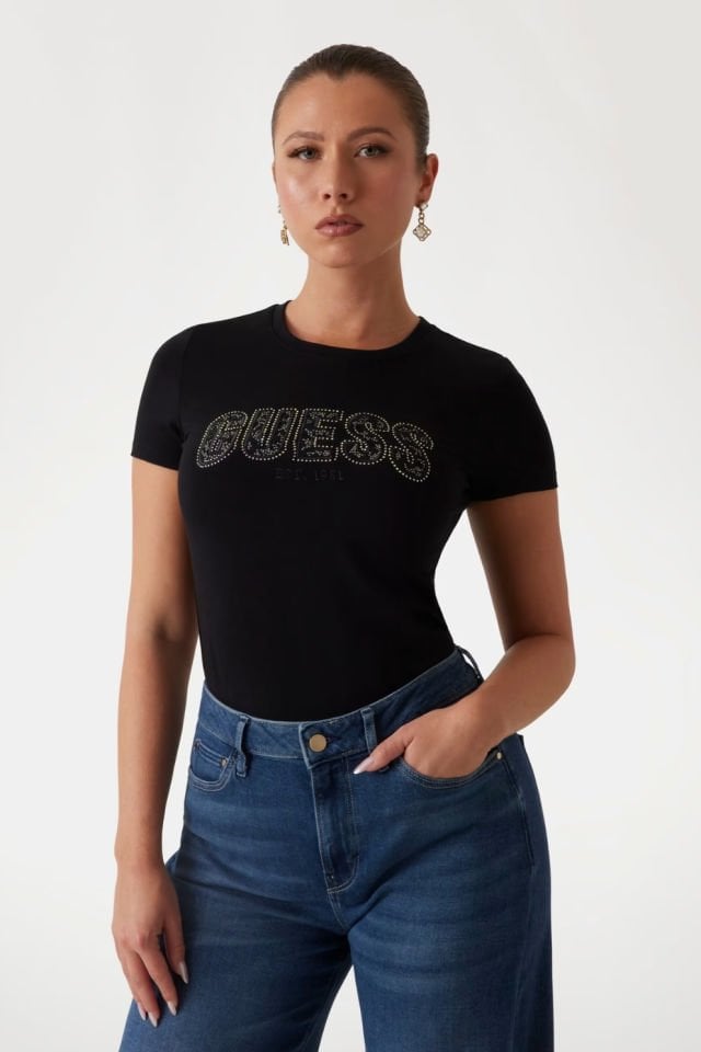 Guess Slim Fit Logolu T-shirt Siyah