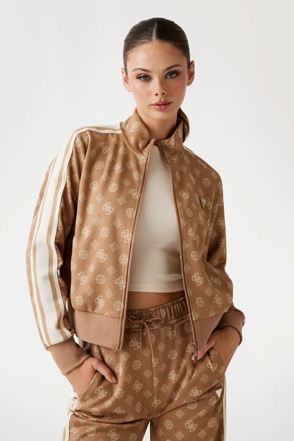 Guess Tamamı Logolu Fermuarlı Sweatshirt  Açık Kahverengi