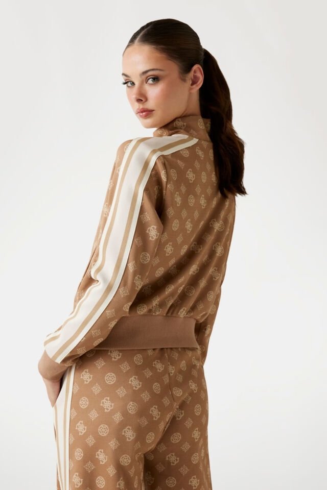 Guess Tamamı Logolu Fermuarlı Sweatshirt  Açık Kahverengi