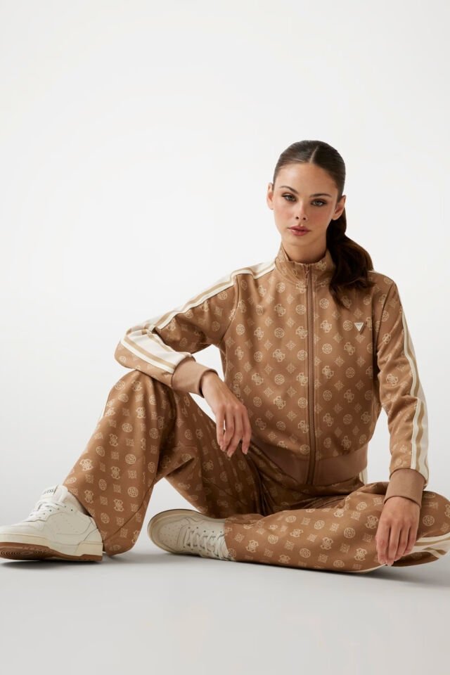 Guess Tamamı Logolu Fermuarlı Sweatshirt  Açık Kahverengi