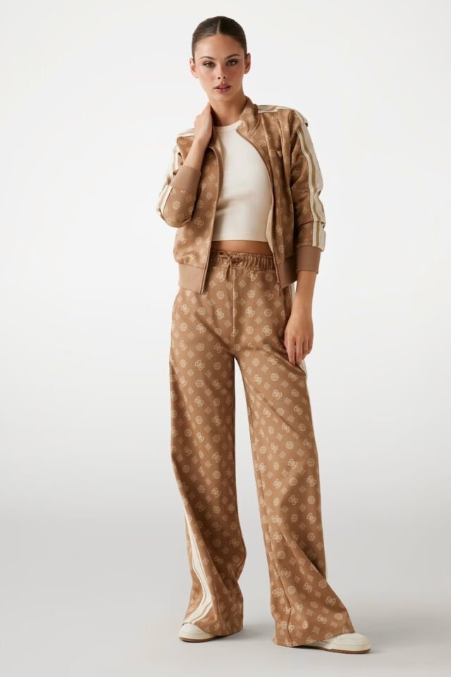 Guess Tamamı Logolu Fermuarlı Sweatshirt  Açık Kahverengi