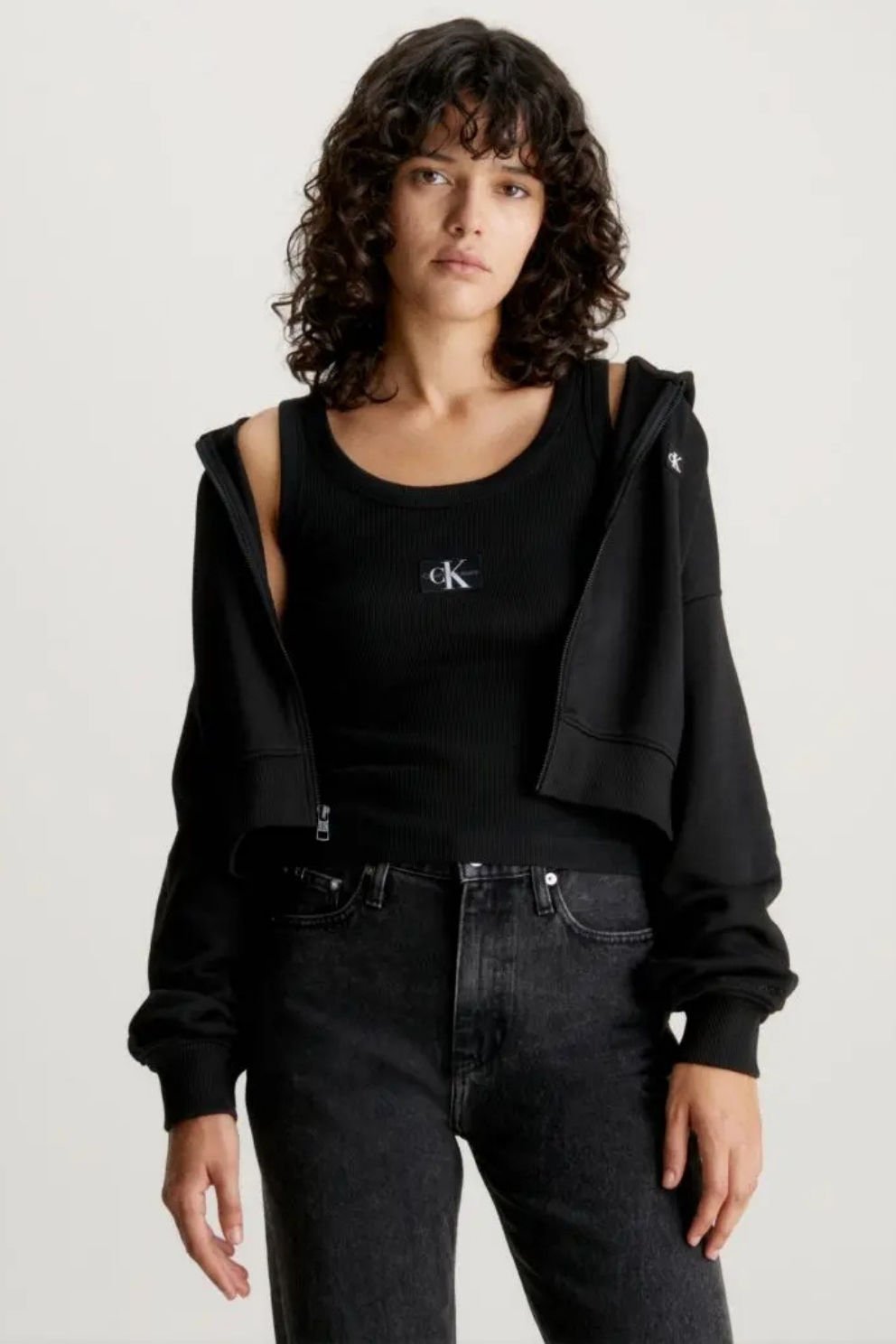 Calvin Klein Fit Crop Fermuarlı Kapüşonlu Siyah