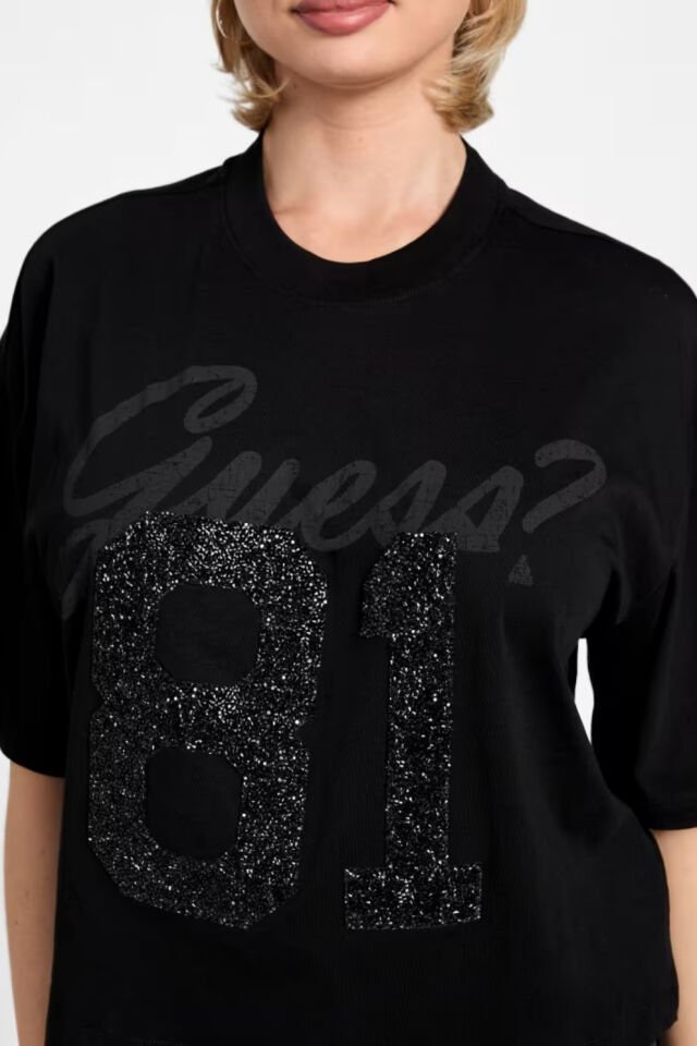Guess Eco Rhinestone 81 Oversized Tişört Siyah