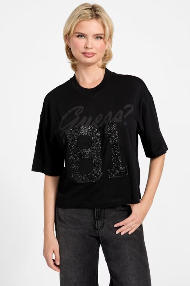 Guess Eco Rhinestone 81 Oversized Tişört Siyah