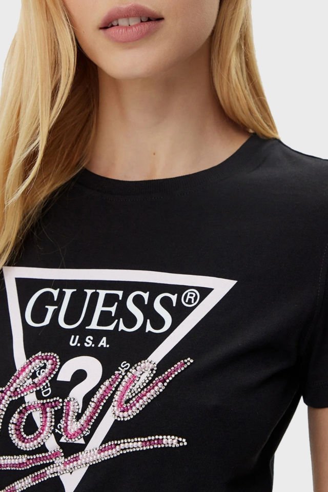 Guess Cn Ss Love % 100 Pamuk Regular Fit Logolu  Bayan T Shirt Siyah