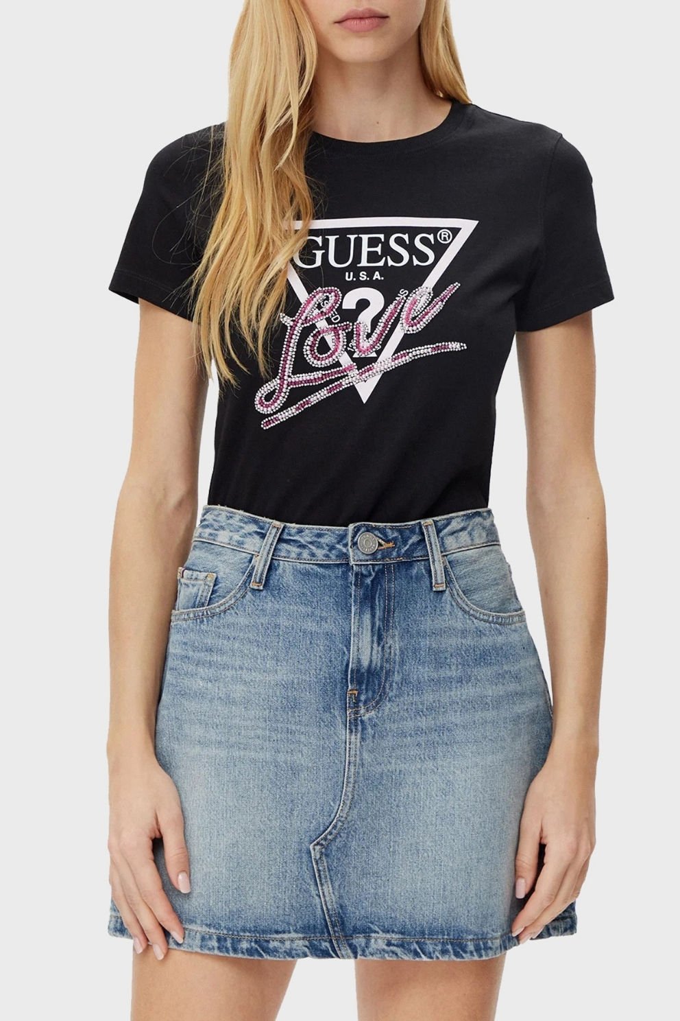 Guess Cn Ss Love % 100 Pamuk Regular Fit Logolu  Bayan T Shirt Siyah