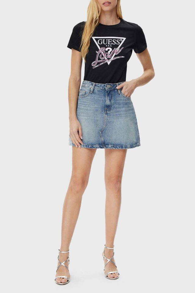 Guess Cn Ss Love % 100 Pamuk Regular Fit Logolu  Bayan T Shirt Siyah