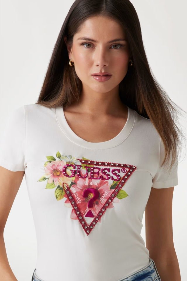 Guess Çiçek Desenli Üçgen Logolu T-shirt  Beyaz