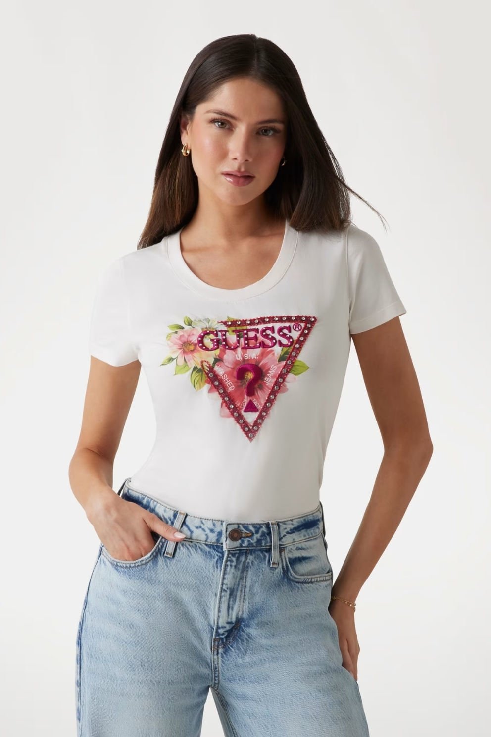 Guess Çiçek Desenli Üçgen Logolu T-shirt  Beyaz
