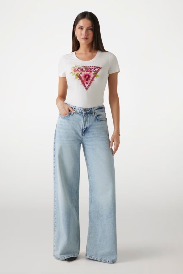 Guess Çiçek Desenli Üçgen Logolu T-shirt  Beyaz