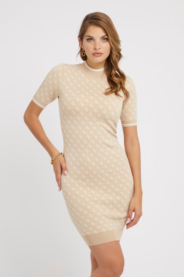 Guess 4G Logolu Mini Triko Elbise Bej