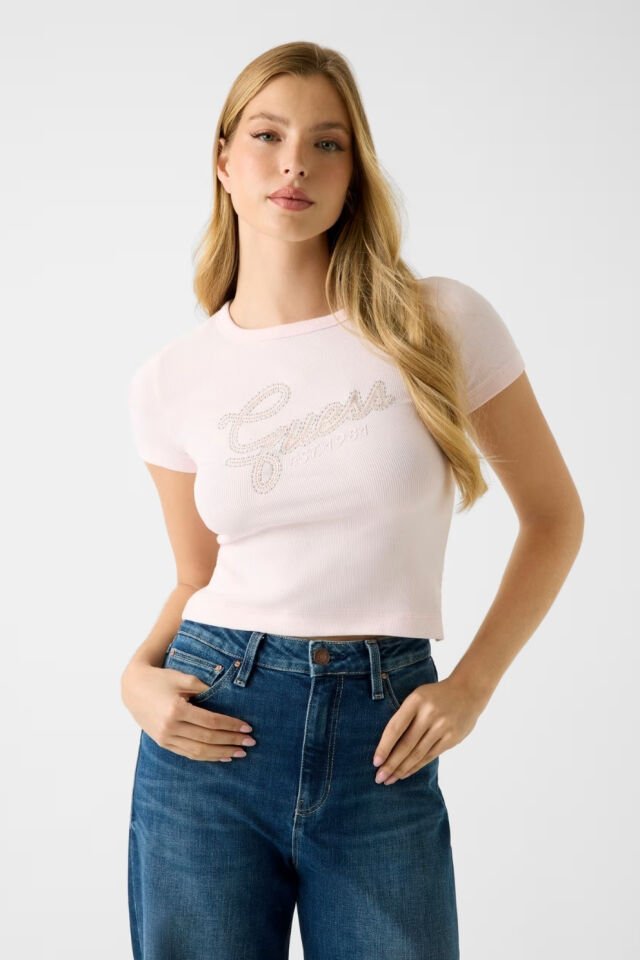 Guess  Logolu Taşlı Tişört Pembe
