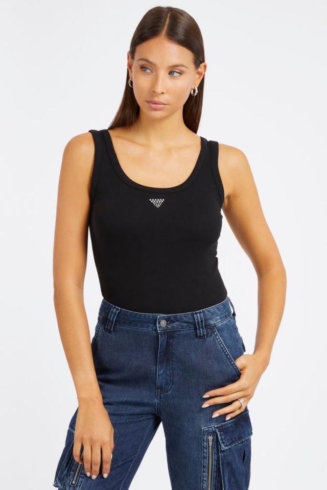 Guess Taşlı Üçgen Logolu Kolsuz Üst Siyah