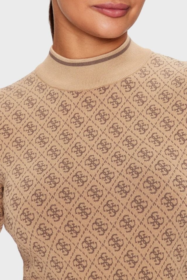 Guess Slim Fit Bisiklet Yaka Logo Desenli Kısa Kollu Mini Bayan Elbise Kahve