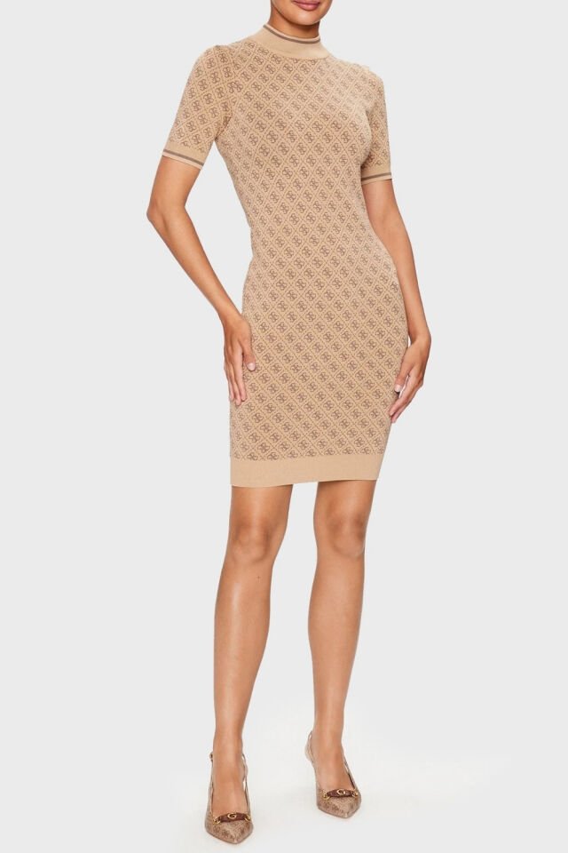 Guess Slim Fit Bisiklet Yaka Logo Desenli Kısa Kollu Mini Bayan Elbise Kahve