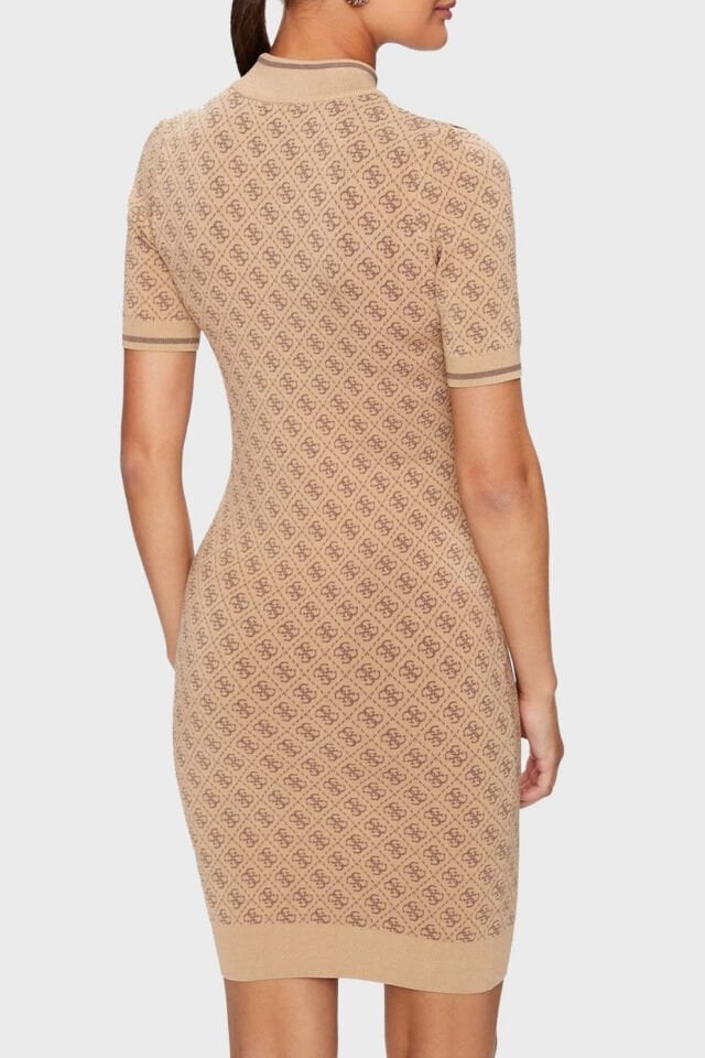 Guess Slim Fit Bisiklet Yaka Logo Desenli Kısa Kollu Mini Bayan Elbise Kahve