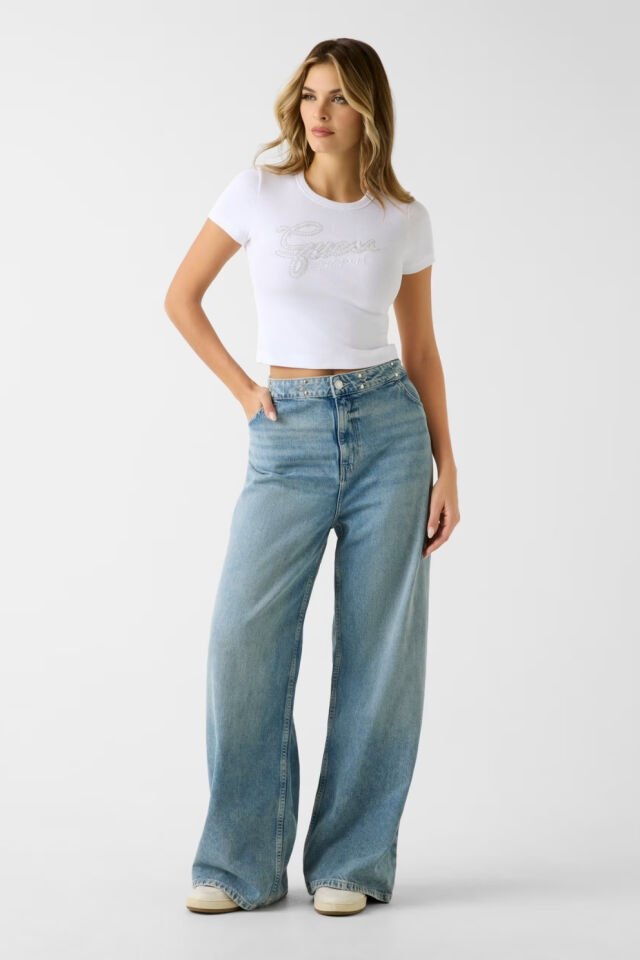 Guess  Logolu Taşlı Tişört Beyaz