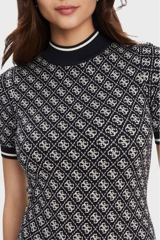 Guess Slim Fit Bisiklet Yaka Logo Desenli Kısa Kollu Mini Bayan Elbise Siyah