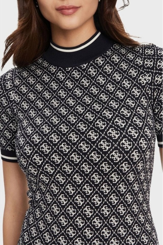 Guess Slim Fit Bisiklet Yaka Logo Desenli Kısa Kollu Mini Bayan Elbise Siyah
