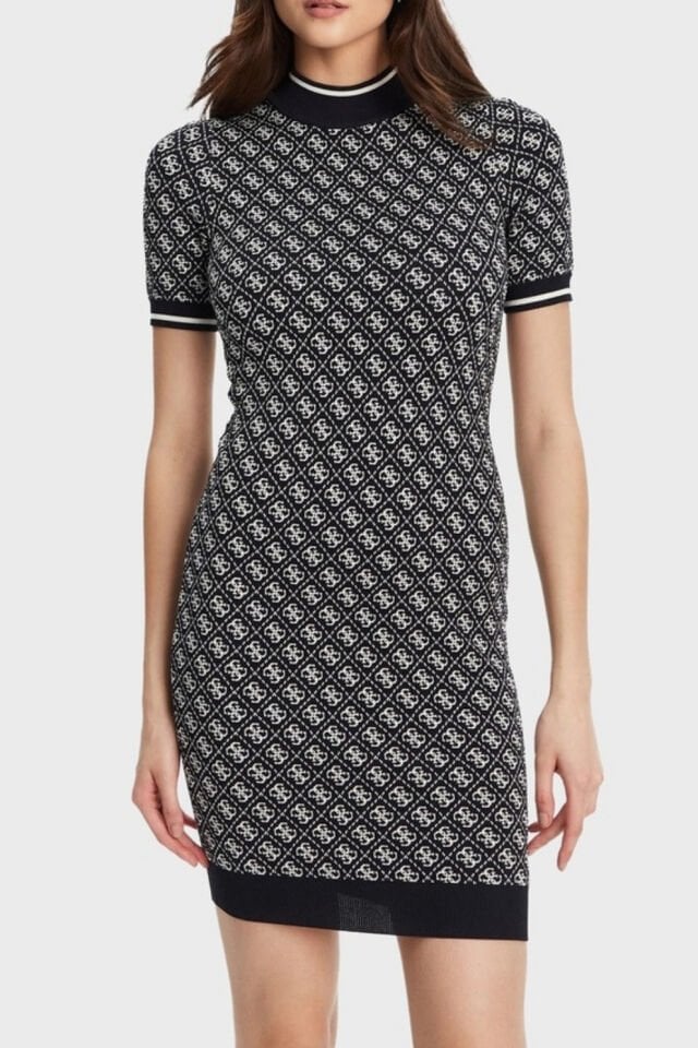 Guess Slim Fit Bisiklet Yaka Logo Desenli Kısa Kollu Mini Bayan Elbise Siyah