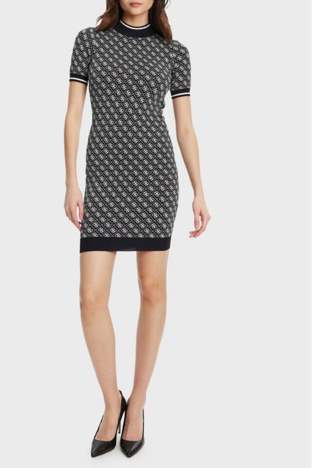 Guess Slim Fit Bisiklet Yaka Logo Desenli Kısa Kollu Mini Bayan Elbise Siyah