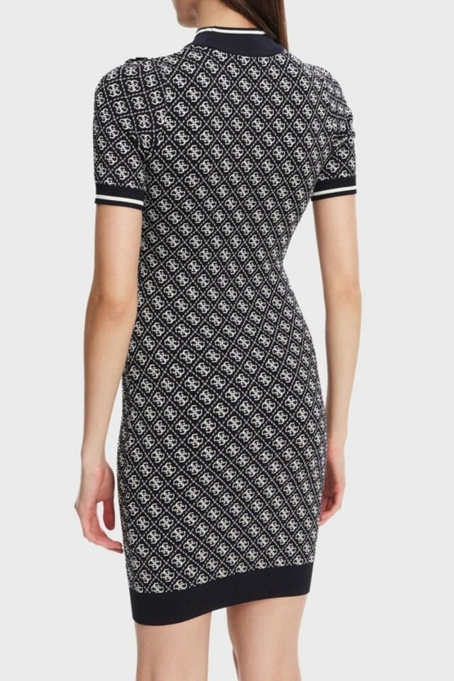 Guess Slim Fit Bisiklet Yaka Logo Desenli Kısa Kollu Mini Bayan Elbise Siyah