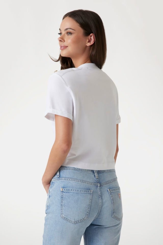 Guess Crop Kesim Boxy Logolu T-shirt Beyaz