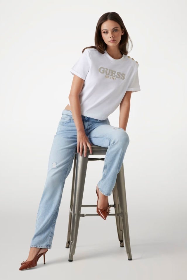 Guess Crop Kesim Boxy Logolu T-shirt Beyaz