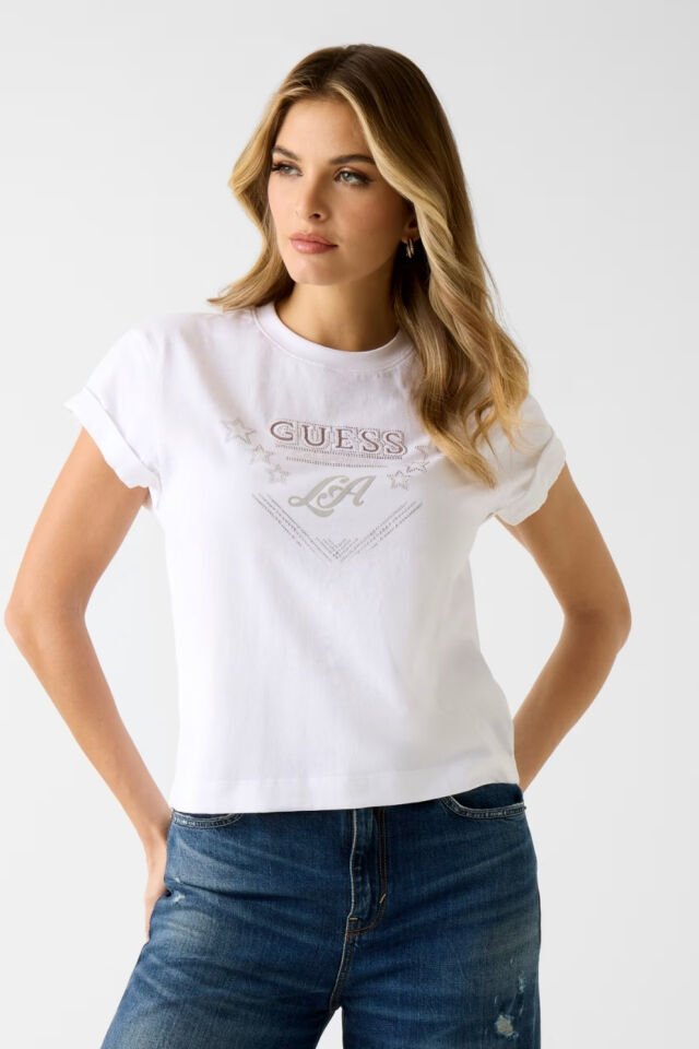 Guess Jersey Pamuklu Taş Detaylı Regular Fit Bisiklet Yaka Tişört Beyaz