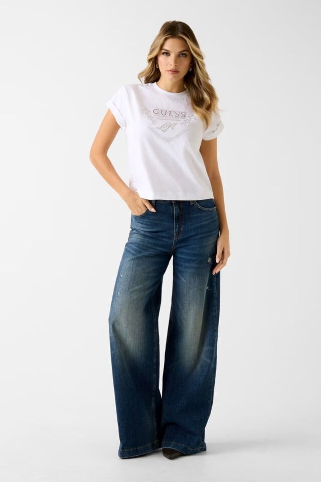 Guess Jersey Pamuklu Taş Detaylı Regular Fit Bisiklet Yaka Tişört Beyaz